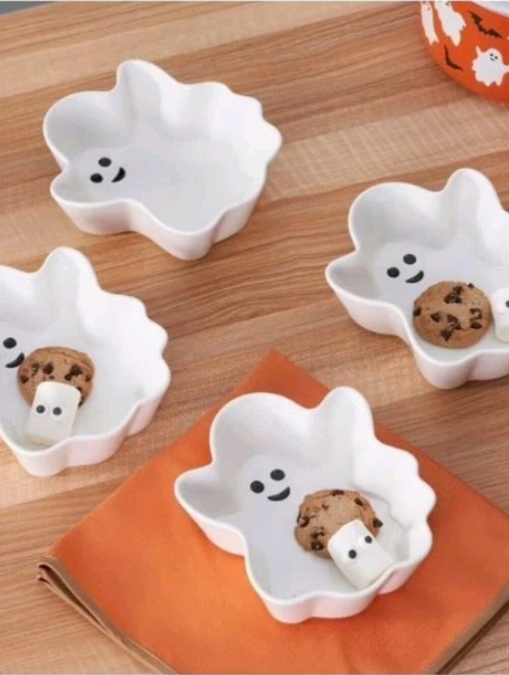 Set of 4 Cute Ghost Ceramic Halloween Dipping Bowls Snack Dishes Trinket Plates